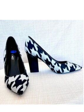 Vintage Nine West Fabric Houndstooth Architectural Patent Leather Heel M…